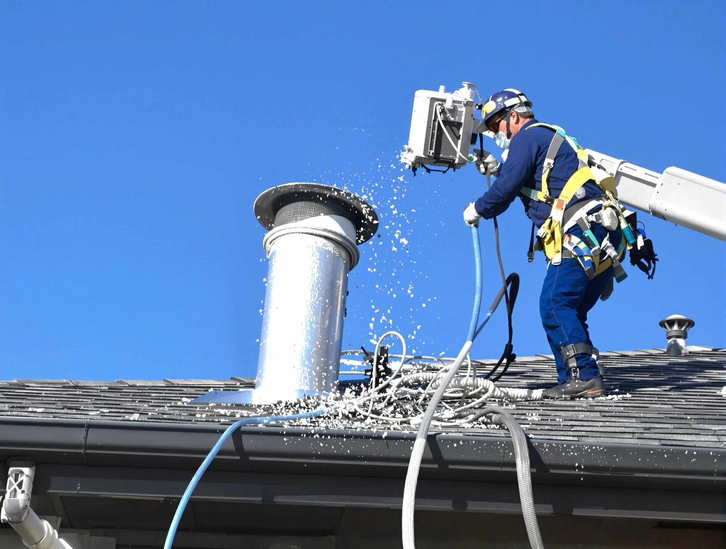 Druid Hills Dryer Vent Cleaning certified technician safely cleaning a roof-mounted dryer vent in Druid Hills